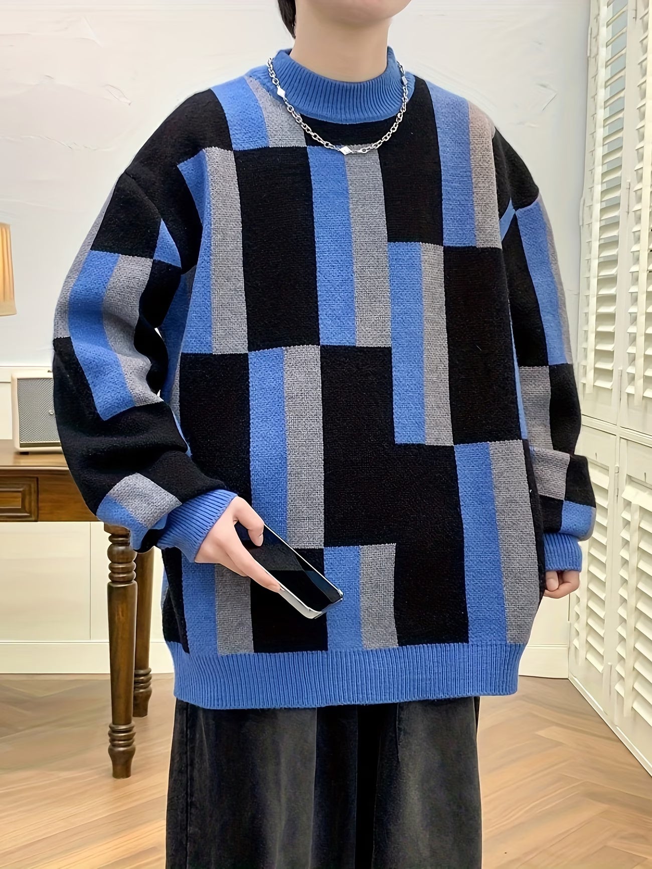 Selfwear™ Block Pattern Knit Crewneck Sweater