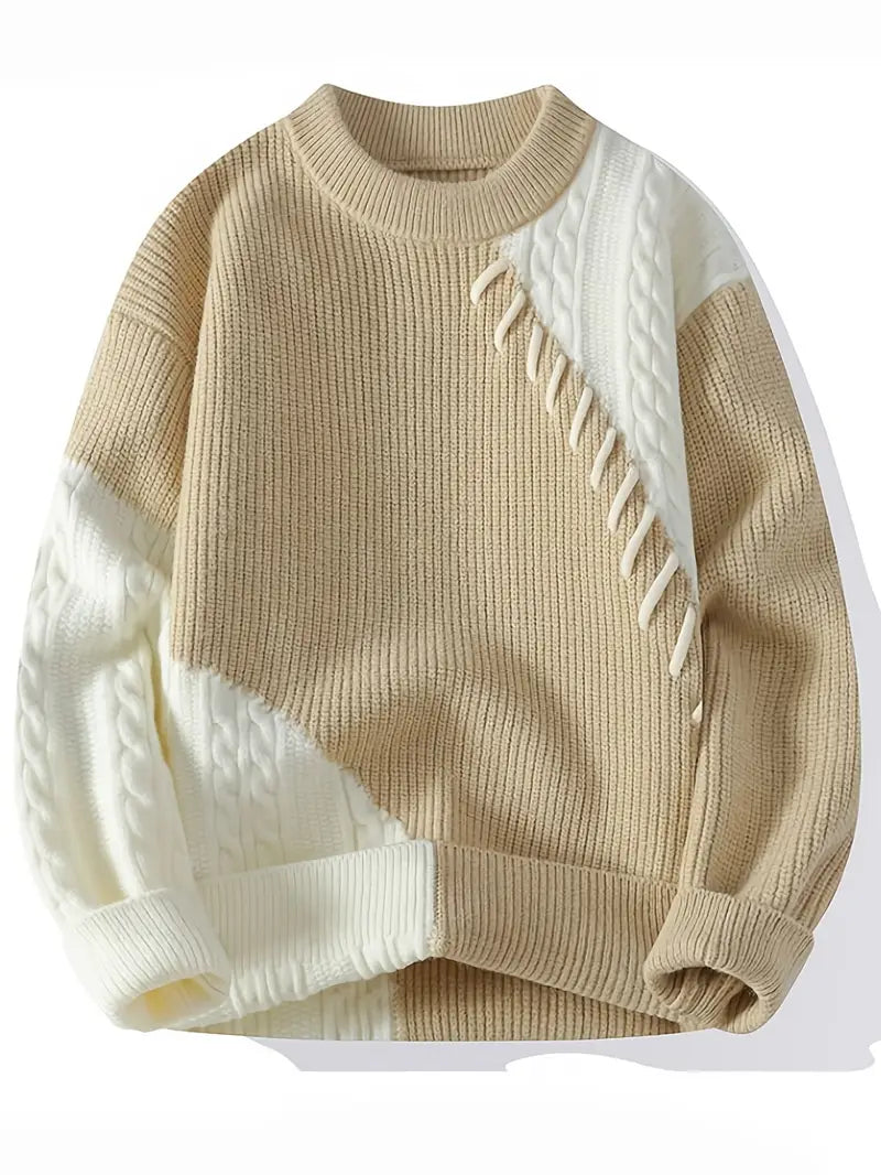 Selfwear™ Two-Tone Patchwork Knitted Sweater – Beige & Ivory