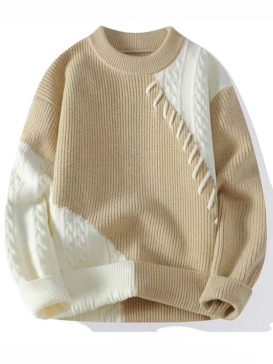 Selfwear™ Two-Tone Patchwork Knitted Sweater – Beige & Ivory