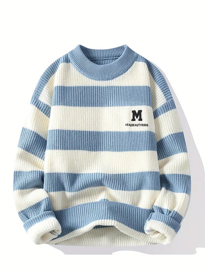 Selfwear™ Striped Knitted Sweater – Sky Blue & Cream
