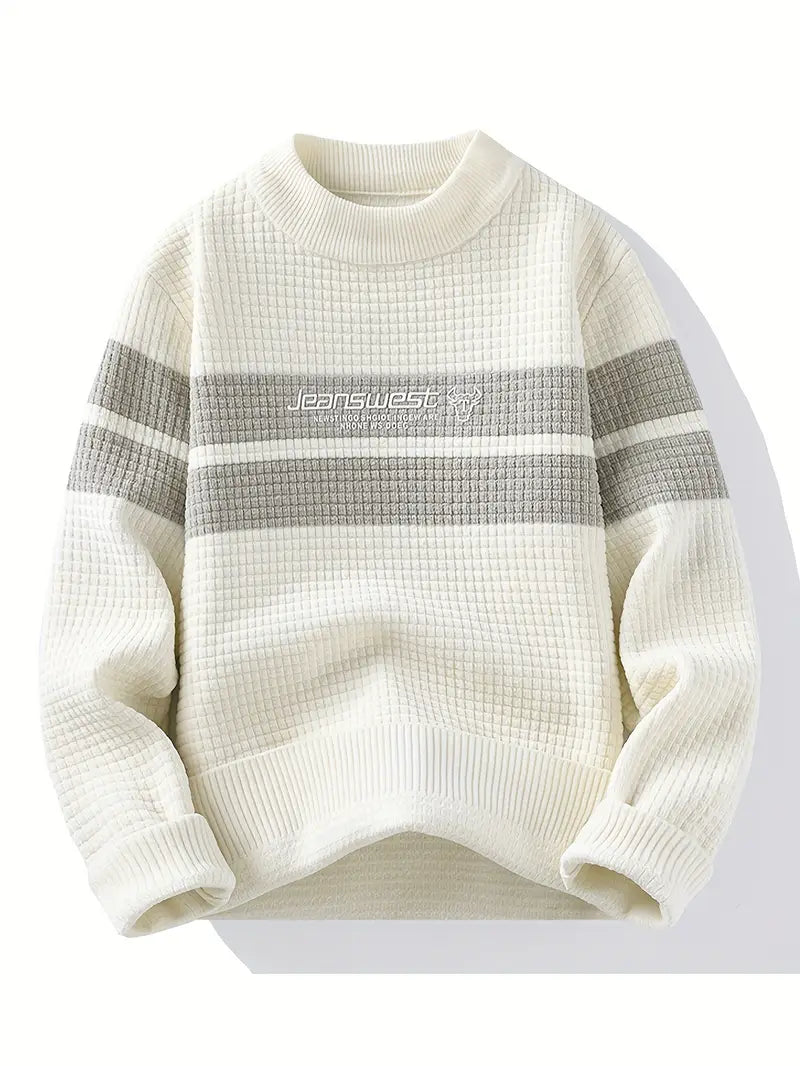 Selfwear™ Textured Knit Sweater – Cream & Gray Block Stripe