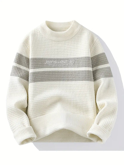 Selfwear™ Textured Knit Sweater – Cream & Gray Block Stripe