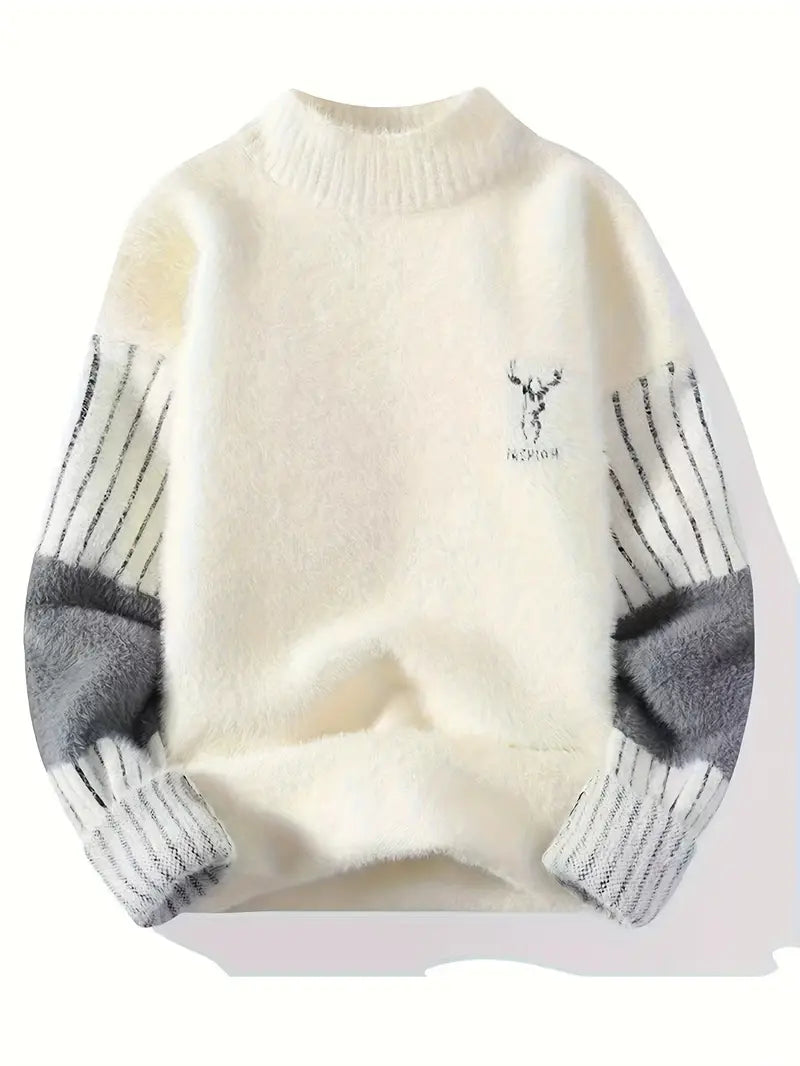 Selfwear™ Deer Embroidered Knitted Sweater – Cream & Gray