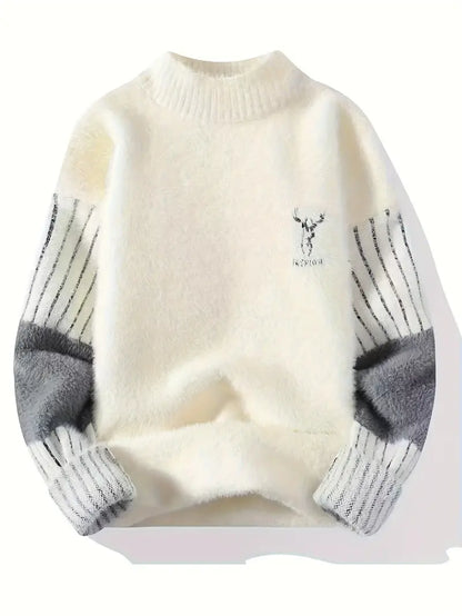 Selfwear™ Deer Embroidered Knitted Sweater – Cream & Gray