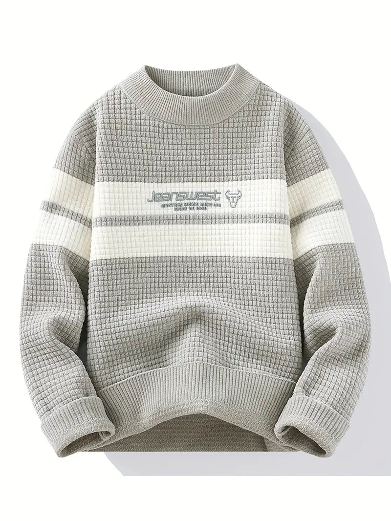 Selfwear™ Textured Knit Sweater – Cream & Gray Block Stripe