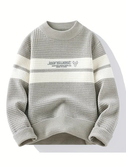 Selfwear™ Textured Knit Sweater – Cream & Gray Block Stripe