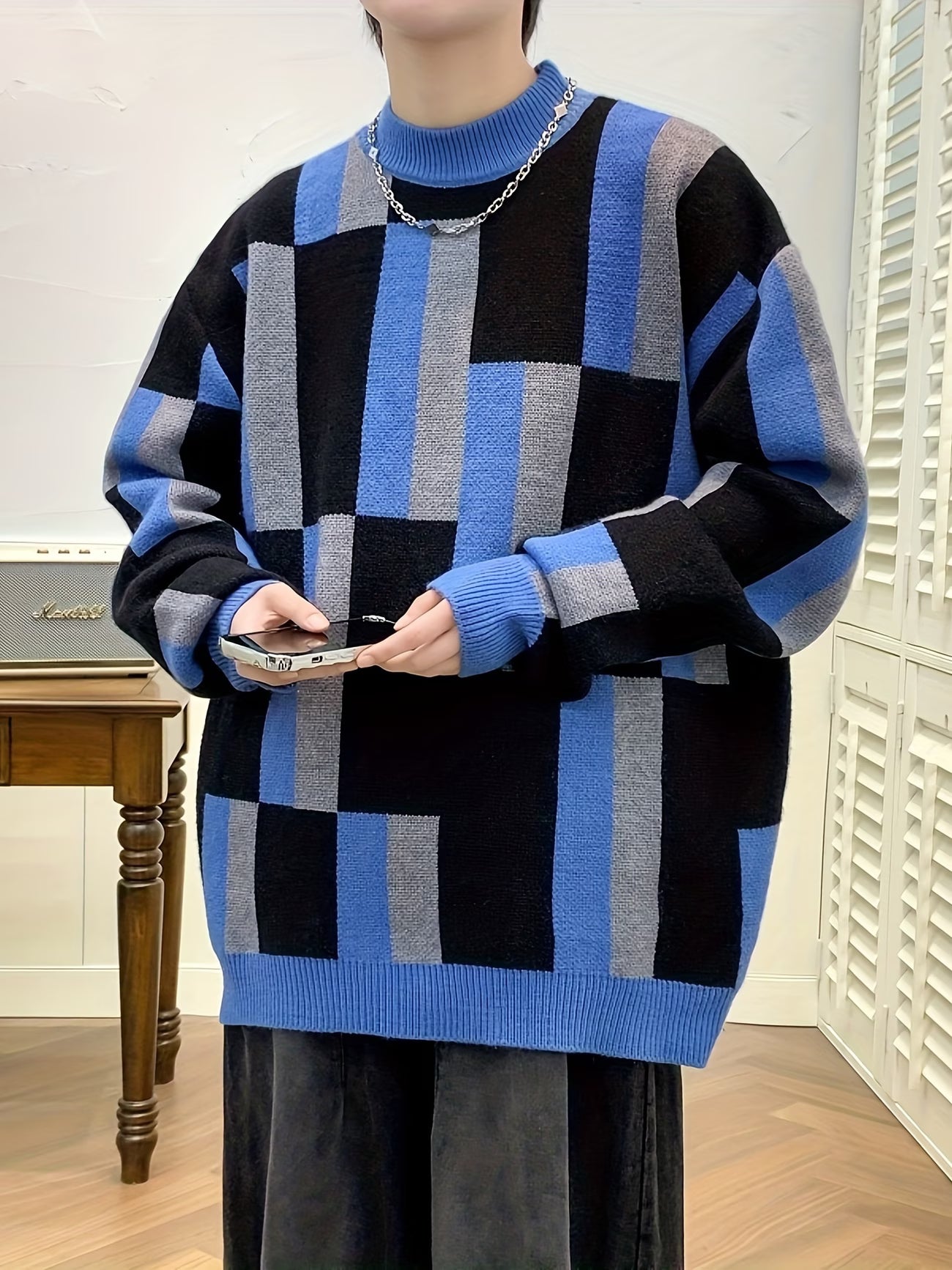 Selfwear™ Block Pattern Knit Crewneck Sweater