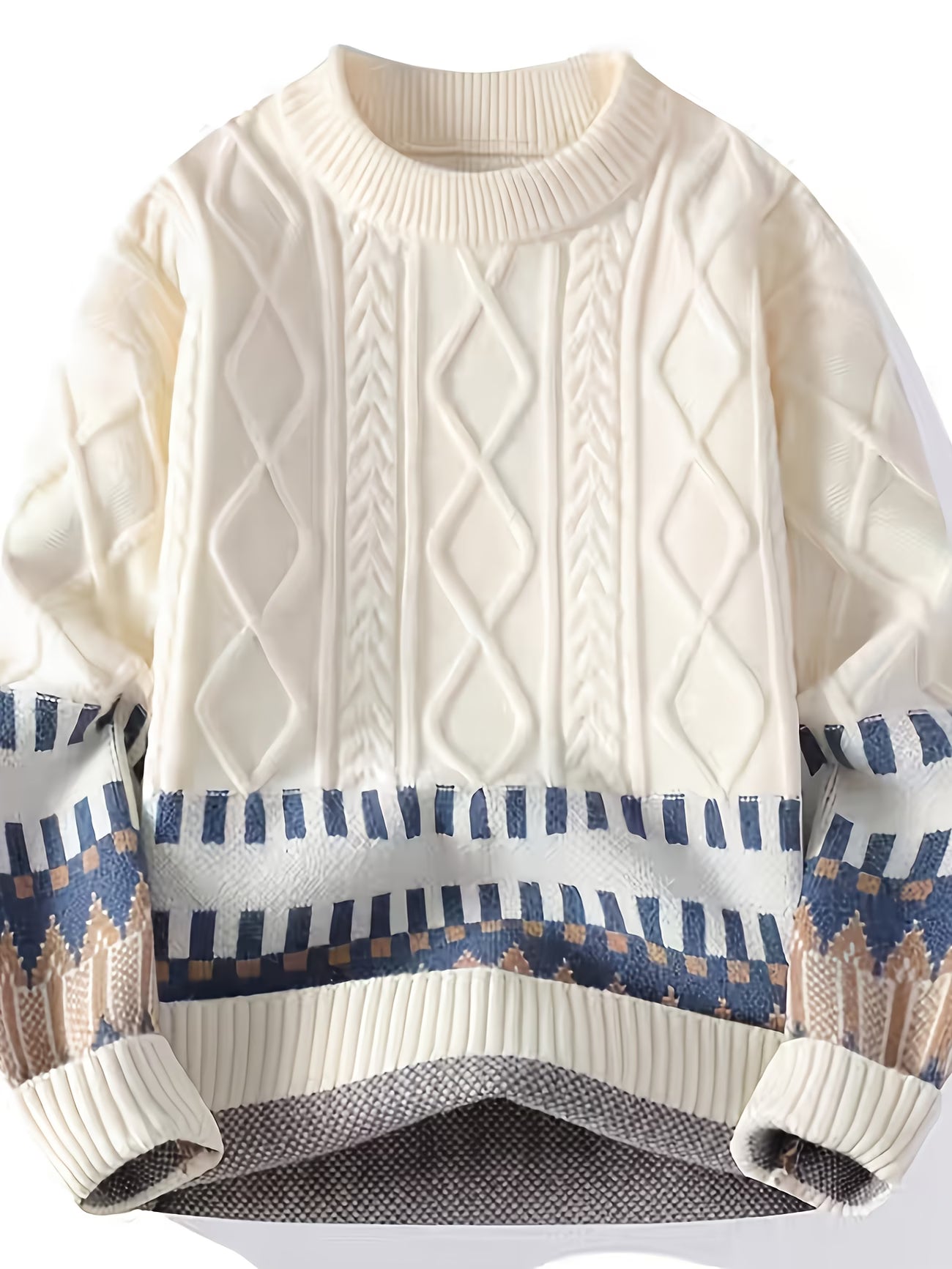 Selfwear™ Cable Knit Patterned Crewneck Sweater