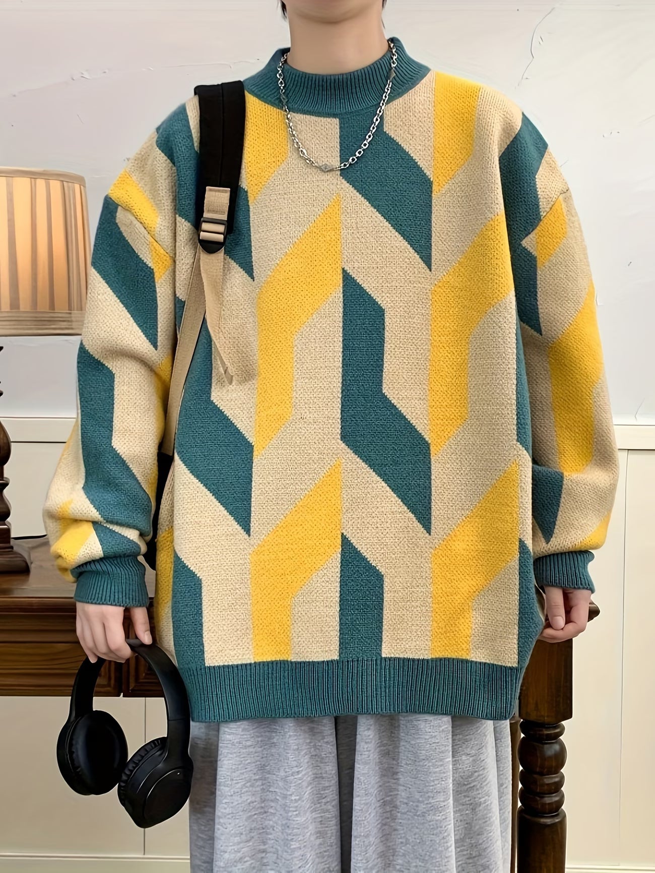 Selfwear™ Geometric Pattern Knit Crewneck Sweater