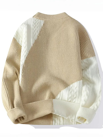 Selfwear™ Two-Tone Patchwork Knitted Sweater – Beige & Ivory