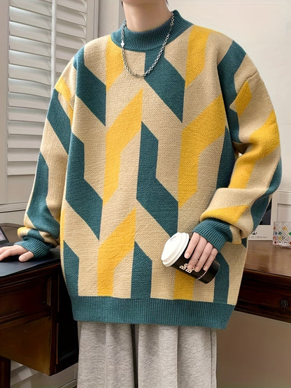 Selfwear™ Geometric Pattern Knit Crewneck Sweater