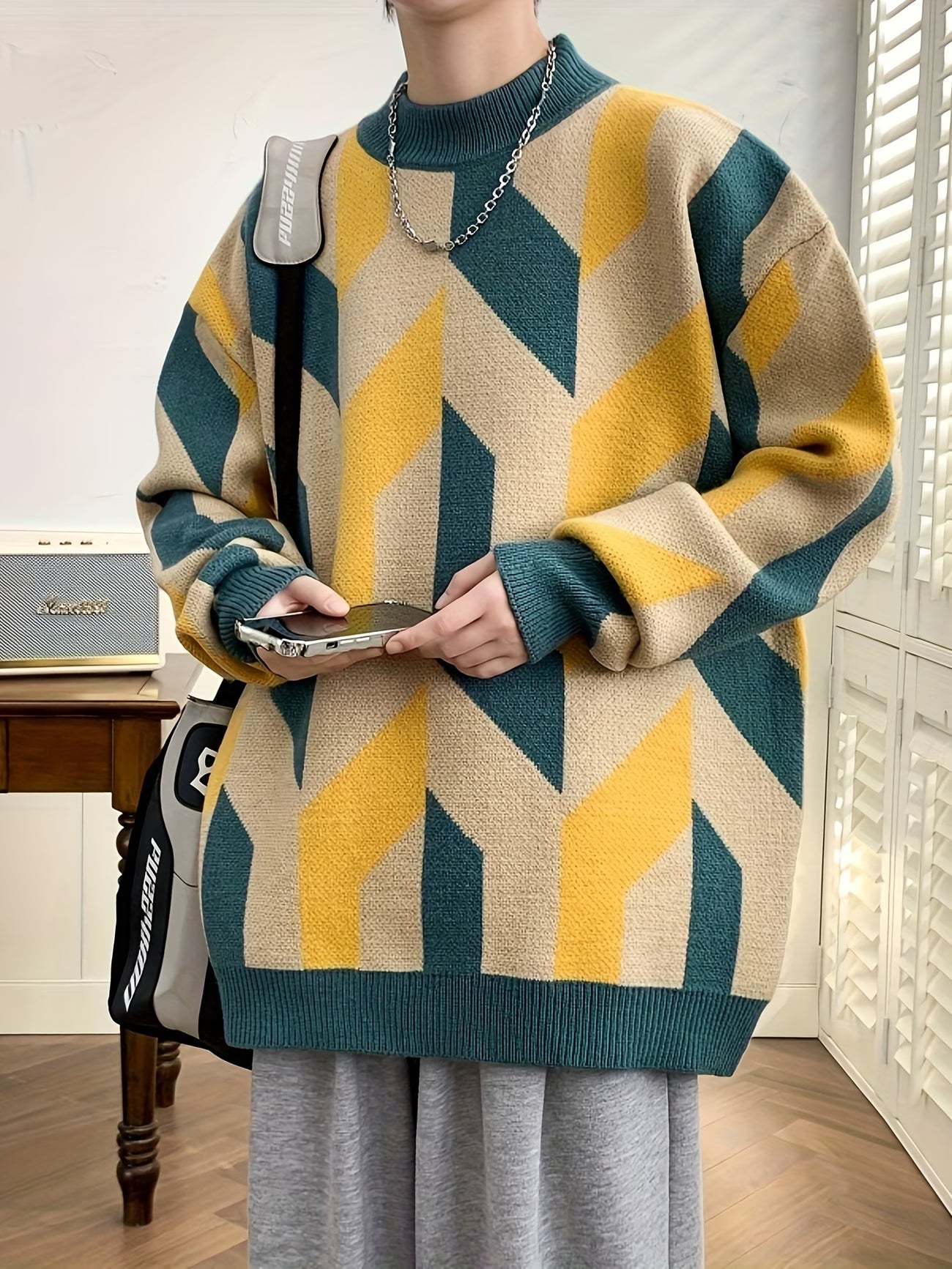 Selfwear™ Geometric Pattern Knit Crewneck Sweater